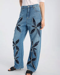 Bimo Floral Pattern Jean - Blue Denim