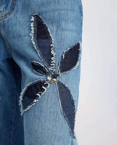 Bimo Floral Pattern Jean - Blue Denim