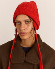 Cashmere Mix Turn Up Tie Beanie - Red