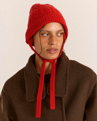 Cashmere Mix Turn Up Tie Beanie - Red