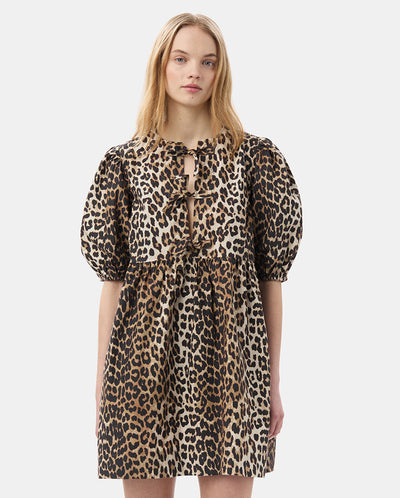 Cotton Tie String Mini Dress Leopard