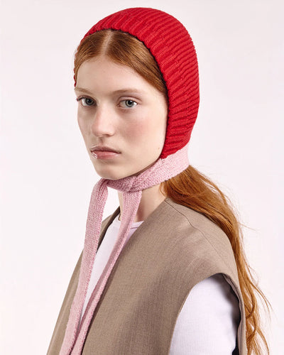 Wool Tied Hood - Red/Rose