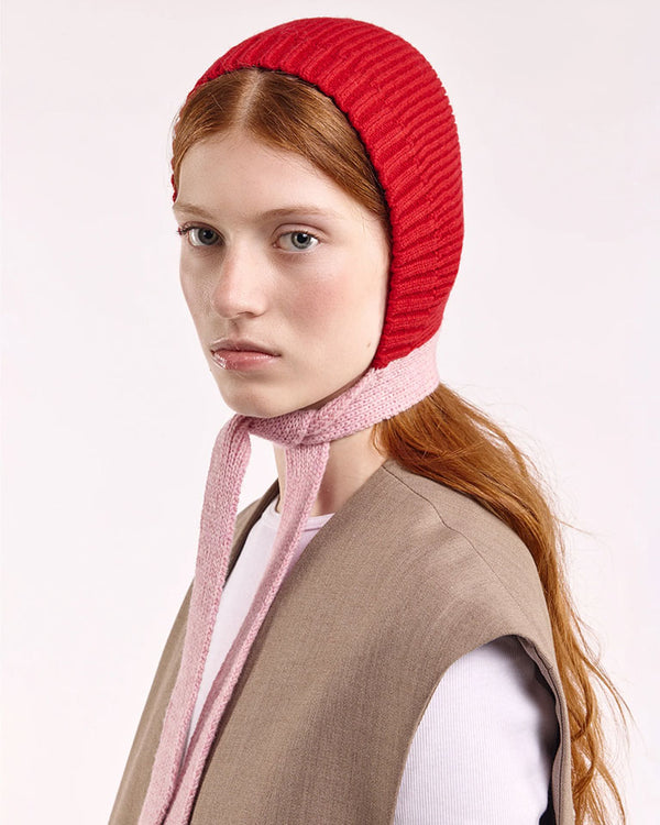 Wool Tied Hood - Red/Rose