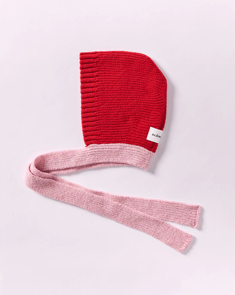 Wool Tied Hood - Red/Rose