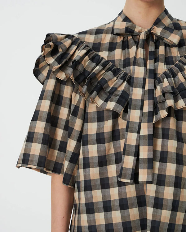 Frill Checked Blouse - Beige/Black