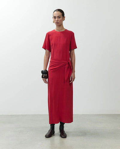 Crepe De Chine Dress with Scarf - Lipstick