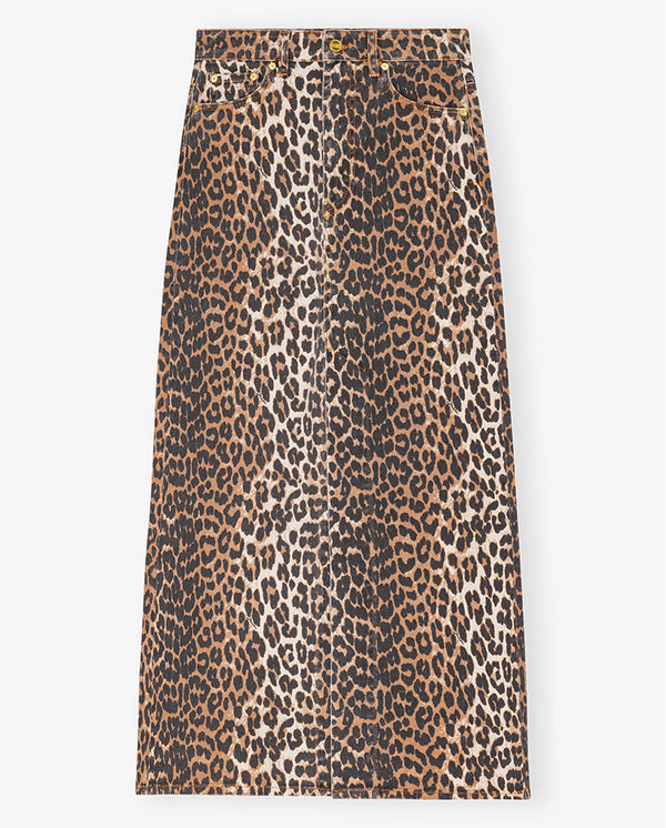 Denim Maxi Slit Skirt Leopard