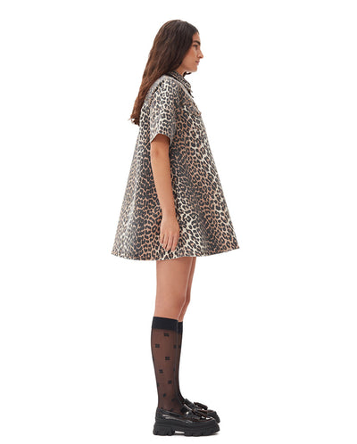 Print Denim Mini Dress Leopard