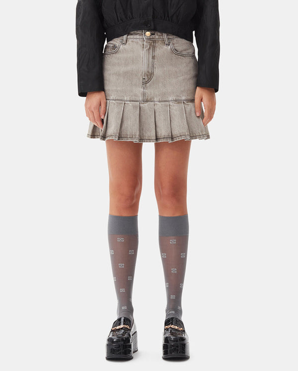 Denim Pleated Mini Skirt Gray Quill