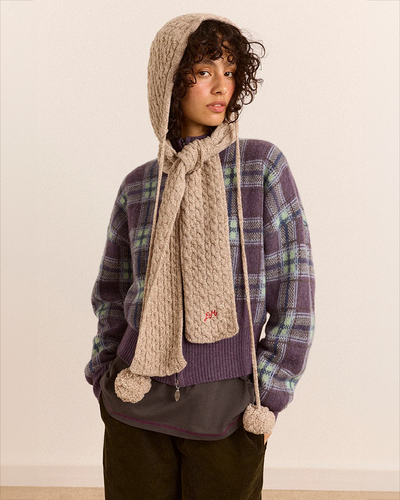 Hooded Pom Pom Scarf - Oatmeal Marl