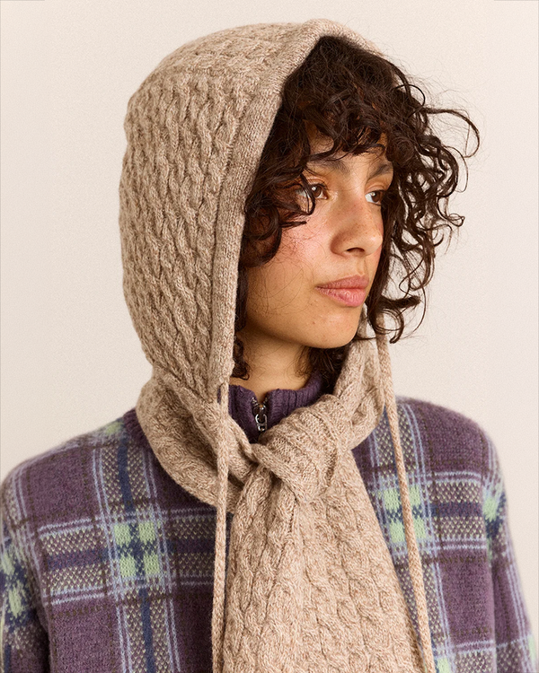 Hooded Pom Pom Scarf - Oatmeal Marl