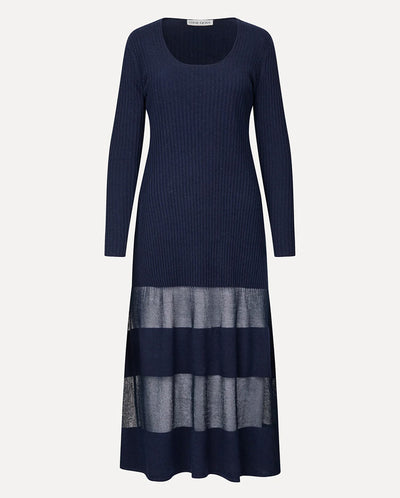 Scoop Neck Fitted Long Dress - Navy