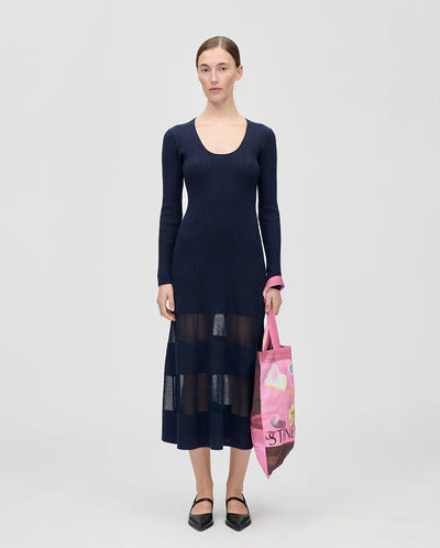 Scoop Neck Fitted Long Dress - Navy