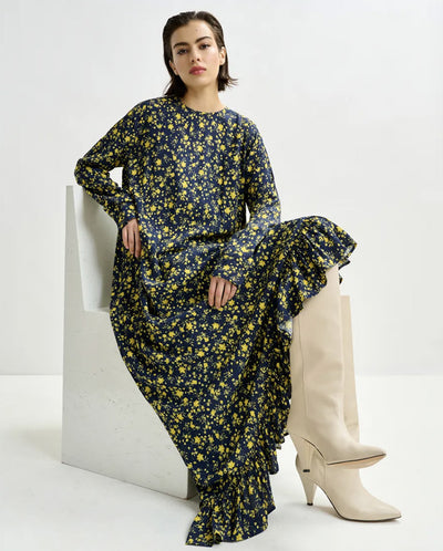 Igraine Ruffle Midi Dress - Navy Combo