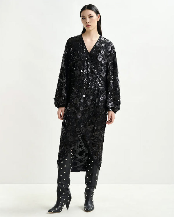 Ishine Sequin Wrap Dress Black