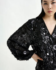 Ishine Sequin Wrap Dress Black